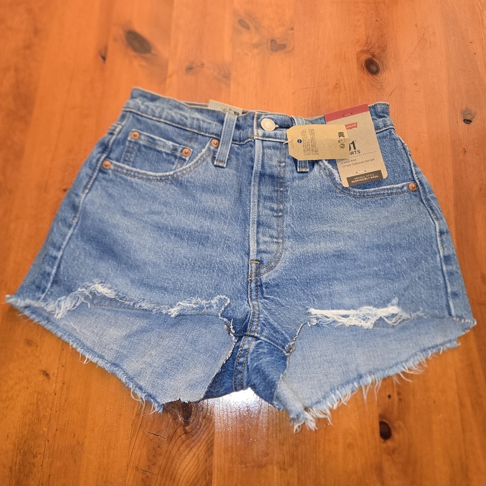 Levi's Women's 501 High Rise Blue Jean Denim Shorts Size 24 Raw Hem Distress New